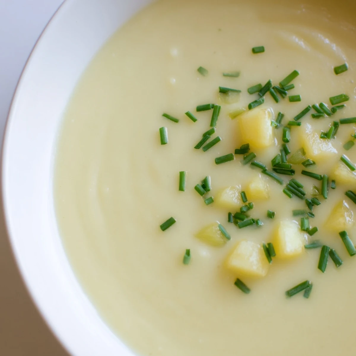 Steaming bowls of creamy potato and leek soup garnished with fresh chives and crusty bread.