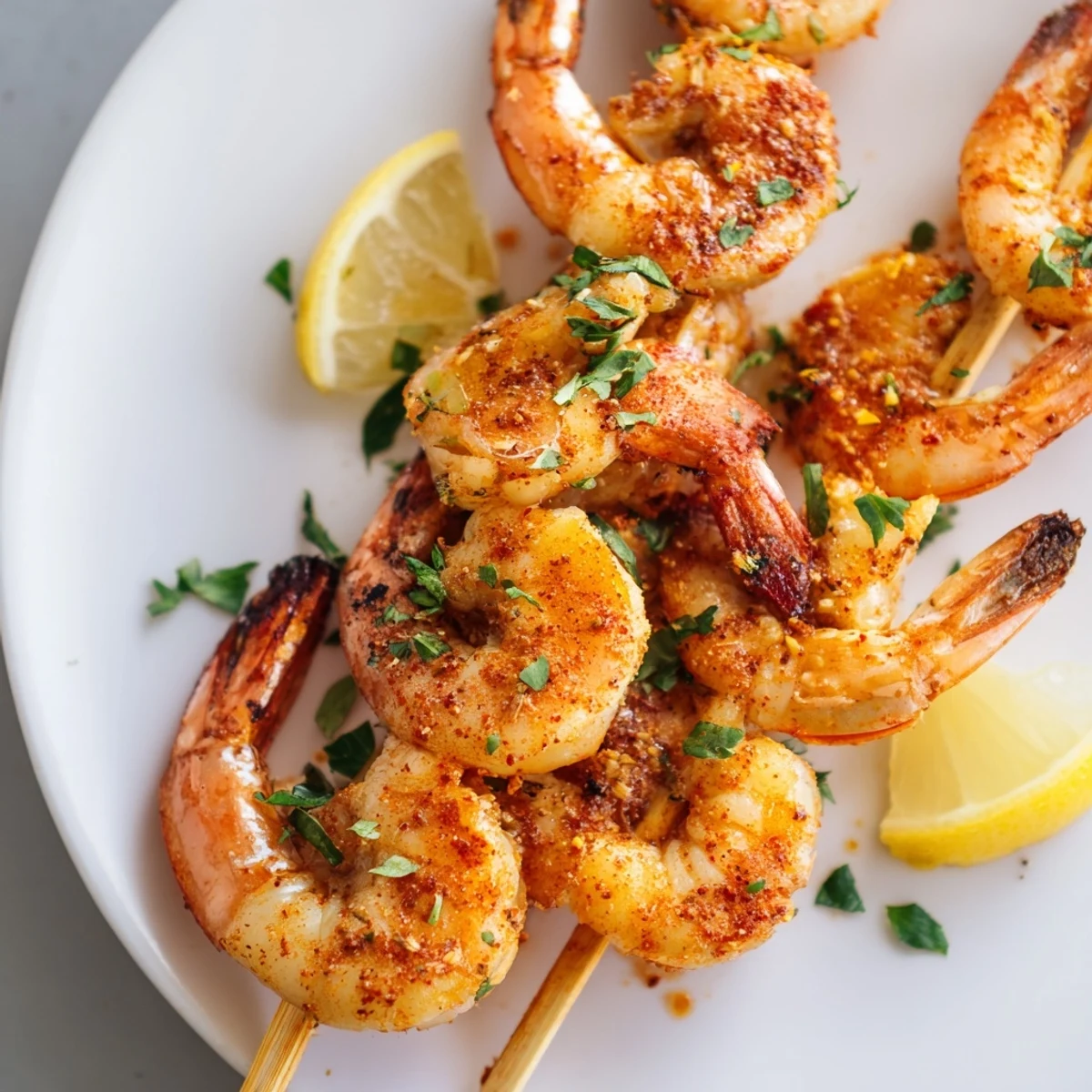 Sizzling Cajun Spiced Grilled Shrimp Skewers on a grill with bright lemon wedges and fresh parsley garnish.