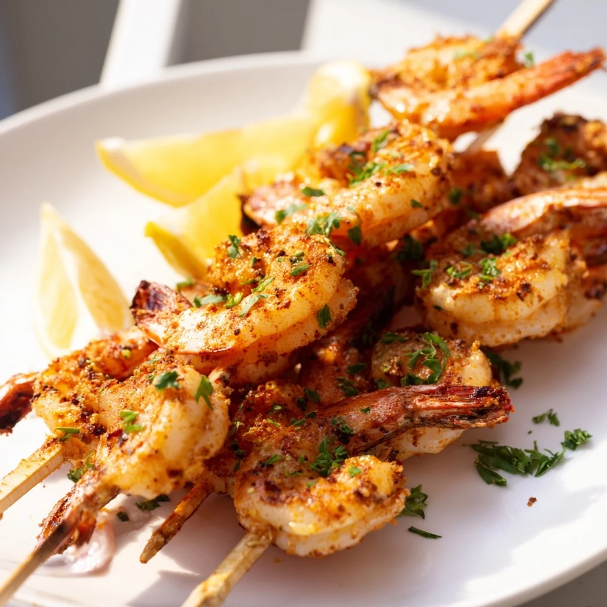 Tender Cajun Spiced Grilled Shrimp Skewers served over fluffy rice with a drizzle of zesty lemon juice.