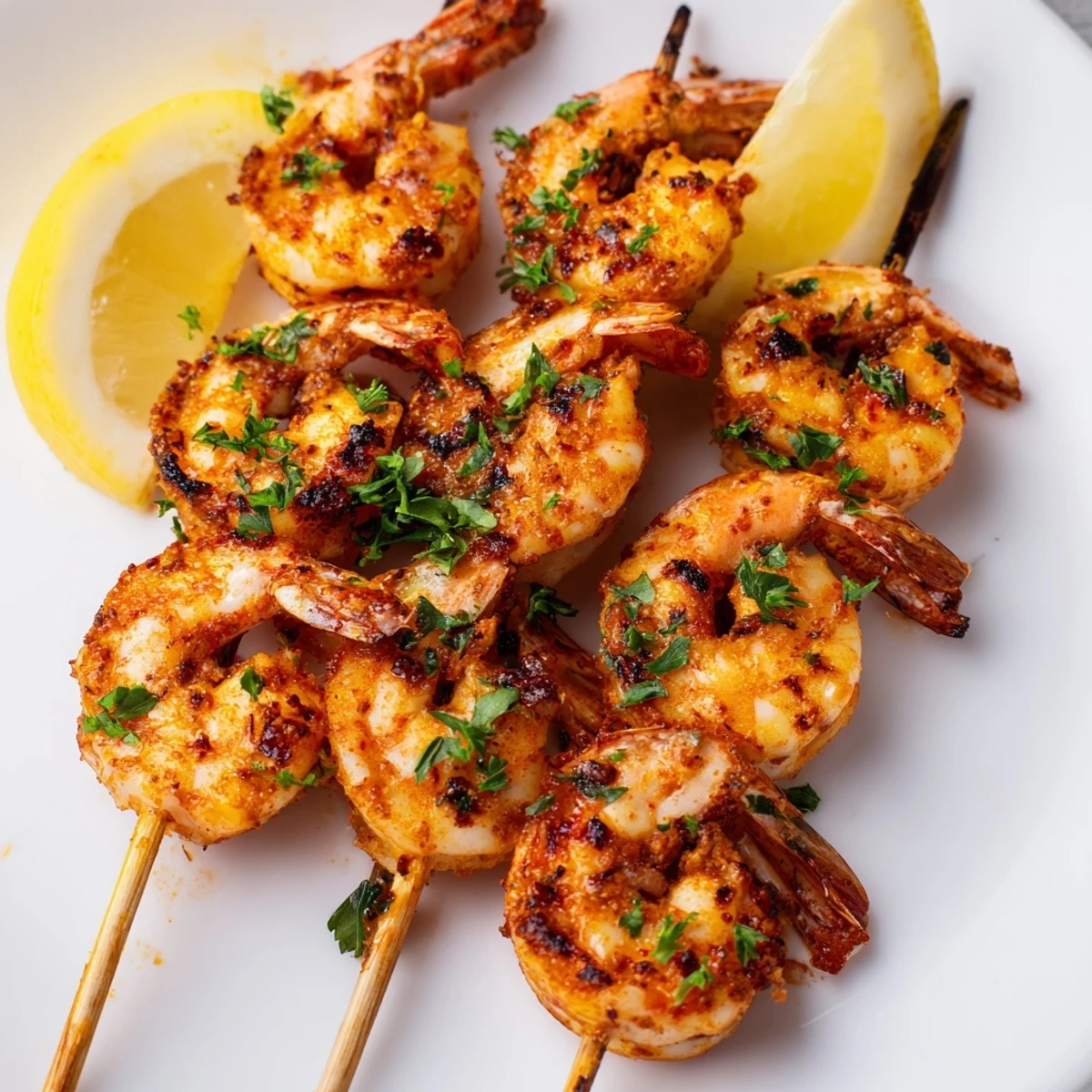 Juicy Cajun Spiced Grilled Shrimp Skewers arranged on a platter, showcasing smoky char and vibrant seasoning.