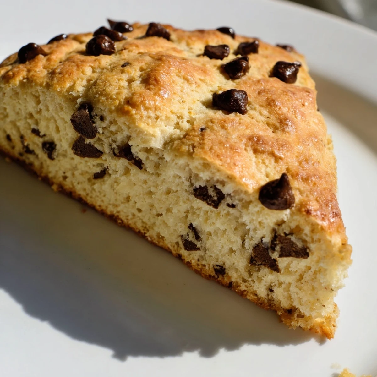 Golden-brown Chocolate Chip Scones fresh from the oven, showing melted chocolate chips on a rustic wooden board.