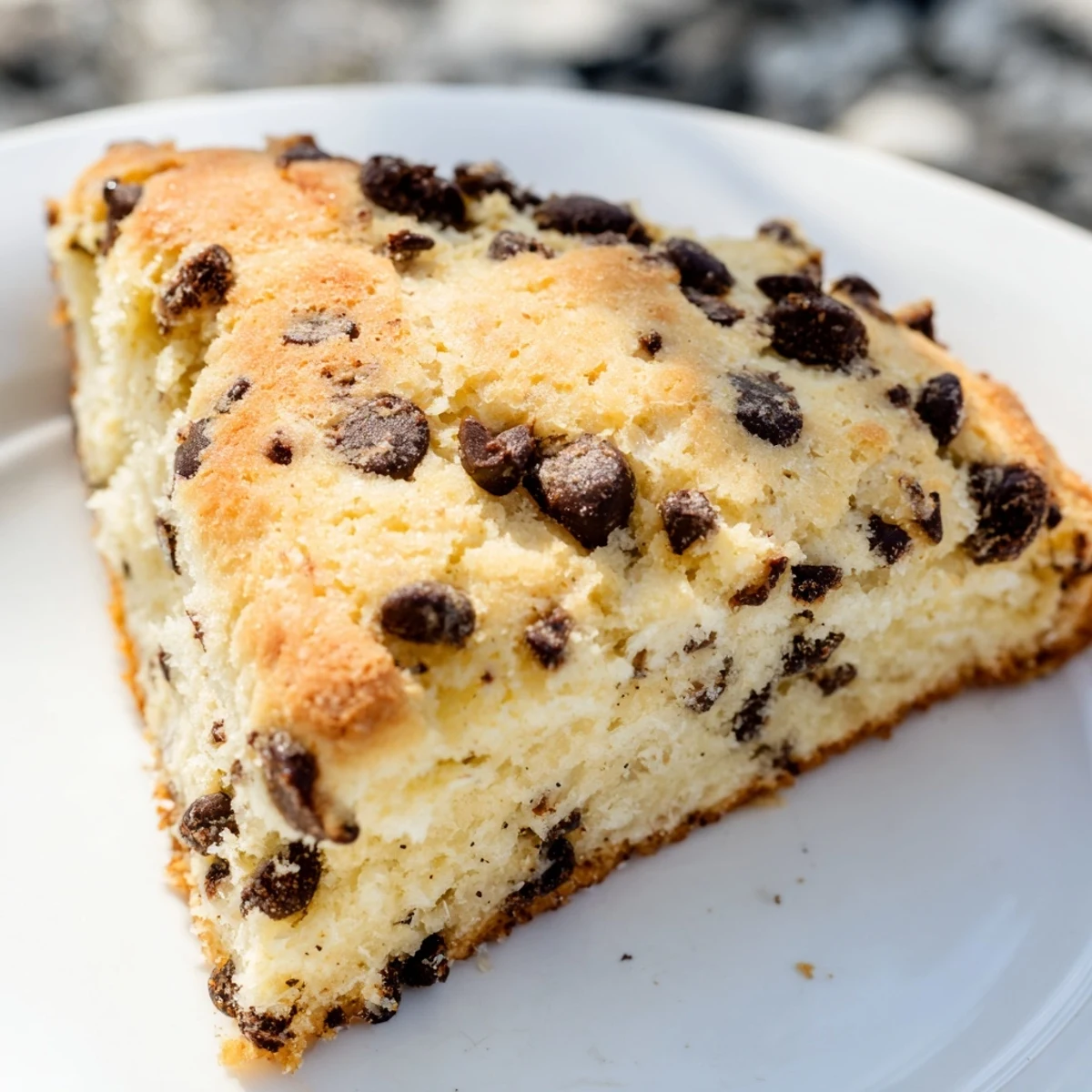A close-up view of a warm Chocolate Chip Scone split open to reveal its tender, buttery interior.