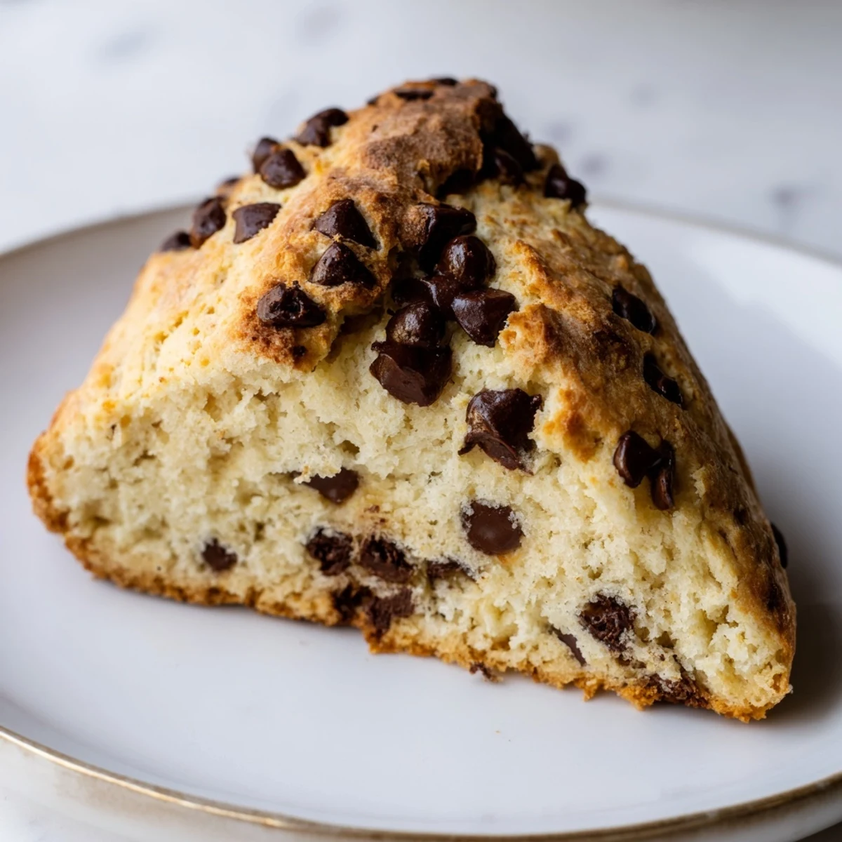 Plated Chocolate Chip Scones served with a dollop of clotted cream and fresh berries for breakfast.