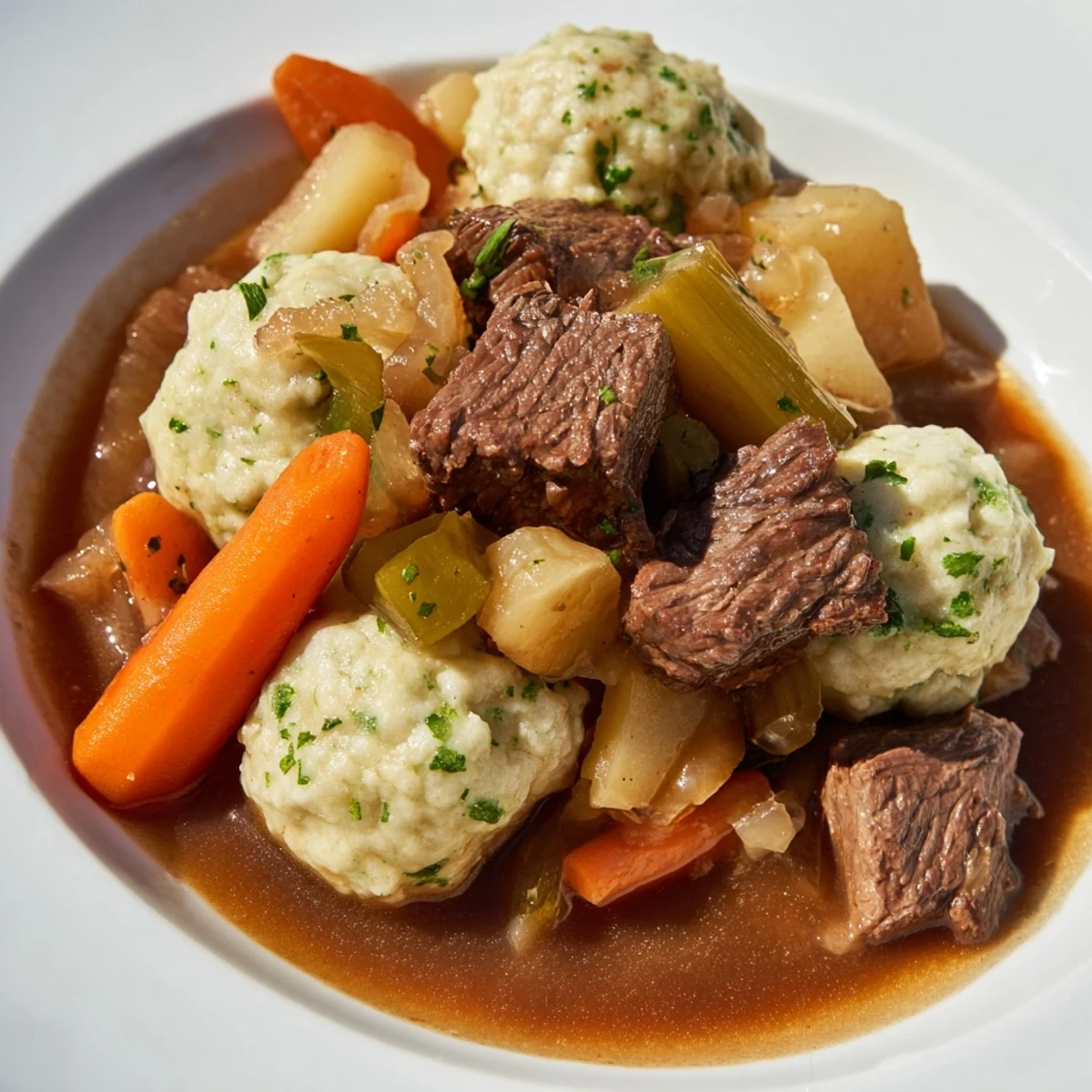Steaming bowl of Irish Beef Stew with Dumplings, tender beef chunks and soft dumplings peeking out from rich gravy.