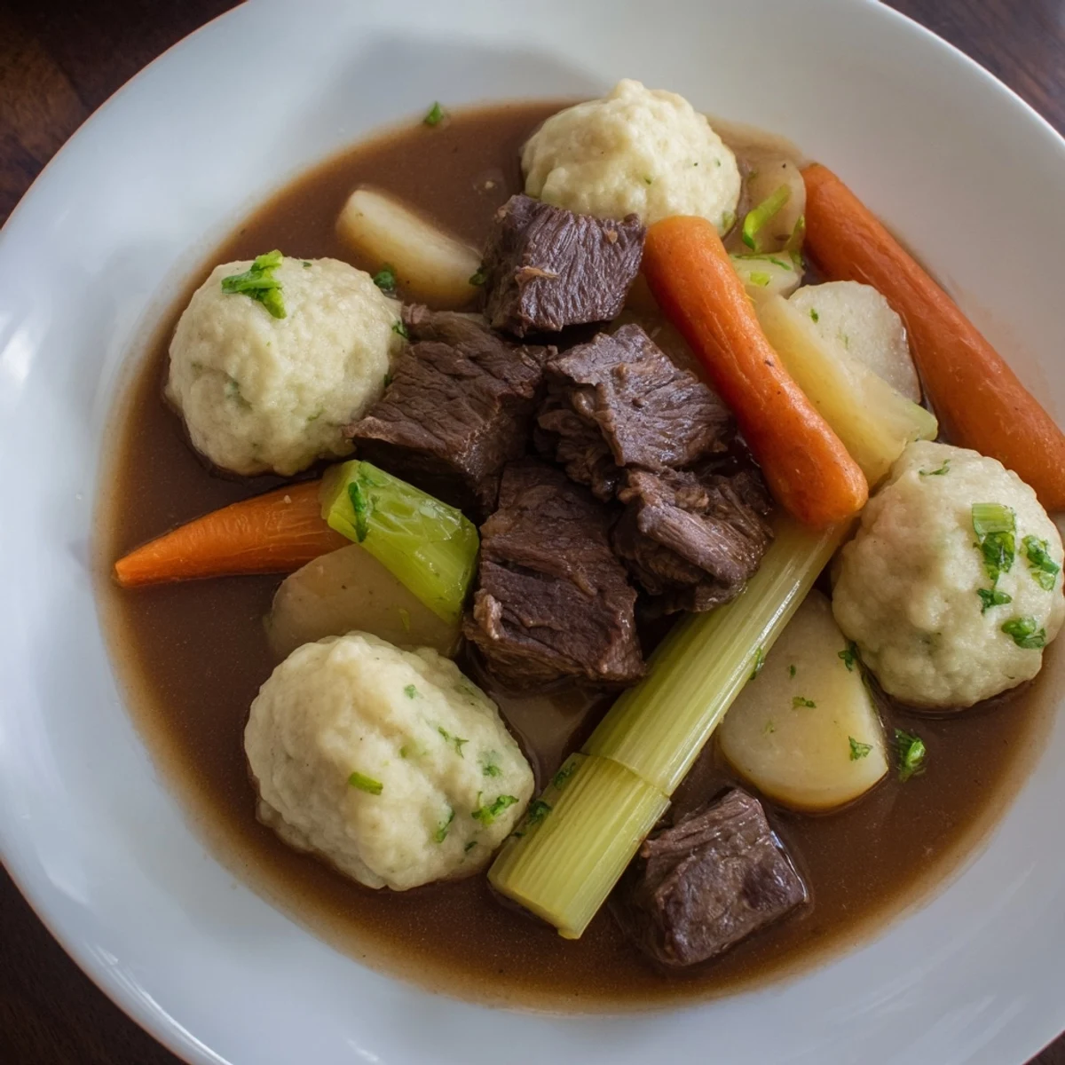 Irish Beef Stew with Dumplings served in a rustic mug, paired with crusty bread for dipping into savory broth.