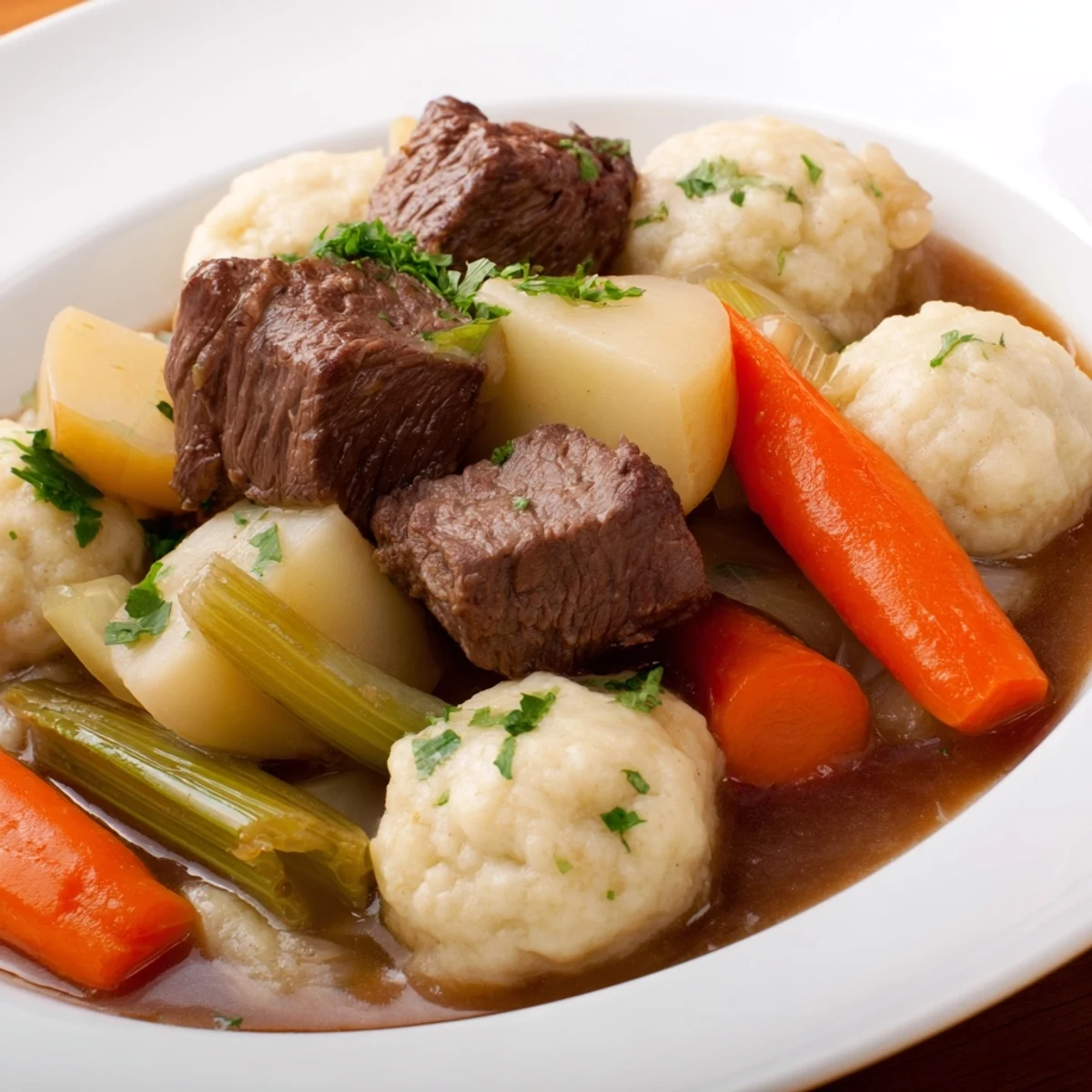 Close-up of Irish Beef Stew with Dumplings, featuring hearty root vegetables and fluffy herb-flecked dumplings on a warm stew.