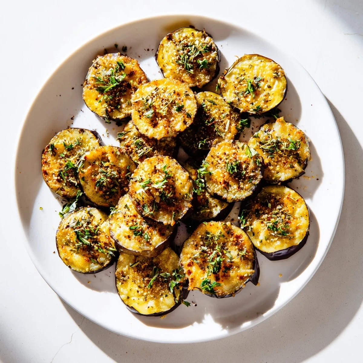 Mediterranean Roasted Eggplant & Parmesan Crisps display crispy cheese edges and fresh parsley garnish beside bright lemon wedges.