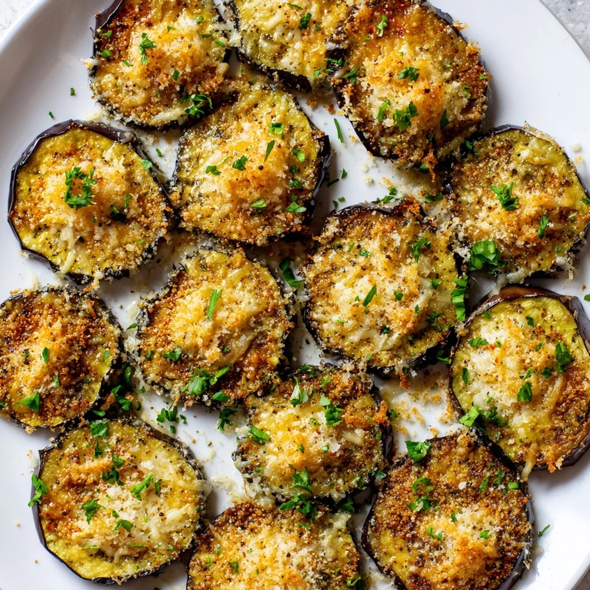 A close-up of Mediterranean Roasted Eggplant & Parmesan Crisps reveals bubbly Parmesan on tender eggplant rounds with a rustic wooden background.