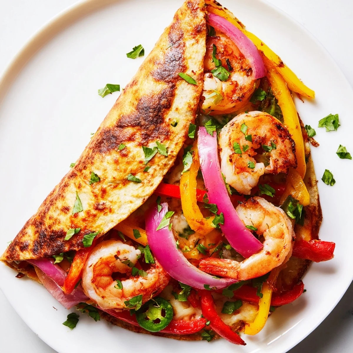 A top-down view shows baked Shrimp Fajita Sheet Pan Quesadillas, garnished with cilantro and served with lime wedges and avocado slices.