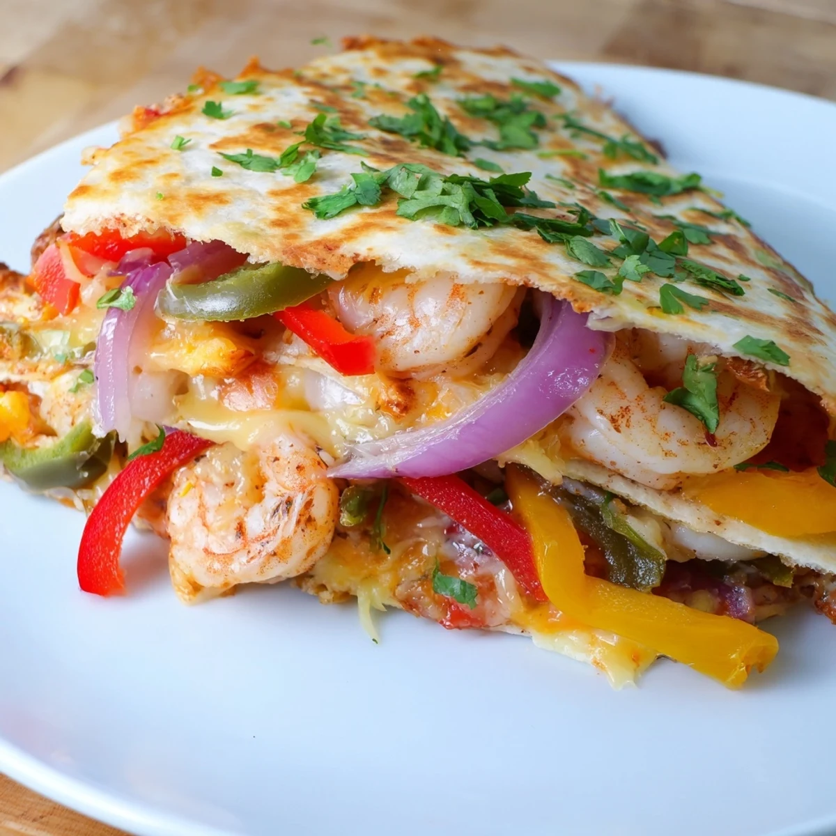 A close-up highlights the crispy tortilla and melted cheese of Shrimp Fajita Sheet Pan Quesadillas, filled with colorful roasted vegetables and shrimp.