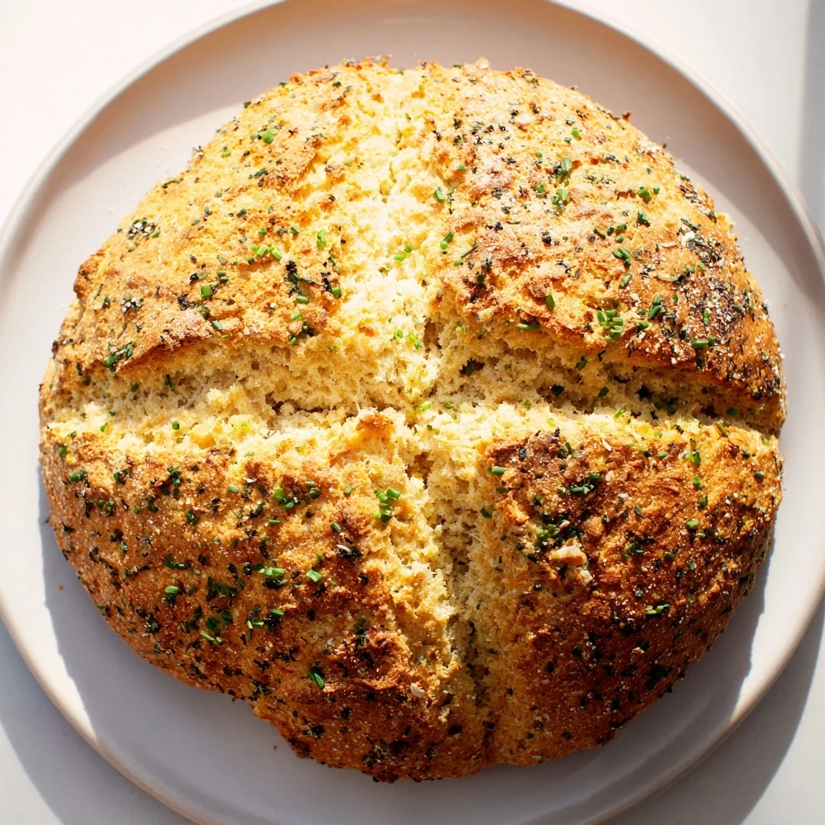 Golden-crusted Savory Herbed Cheddar Irish Soda Bread fresh from the oven, ready to slice and serve with butter.