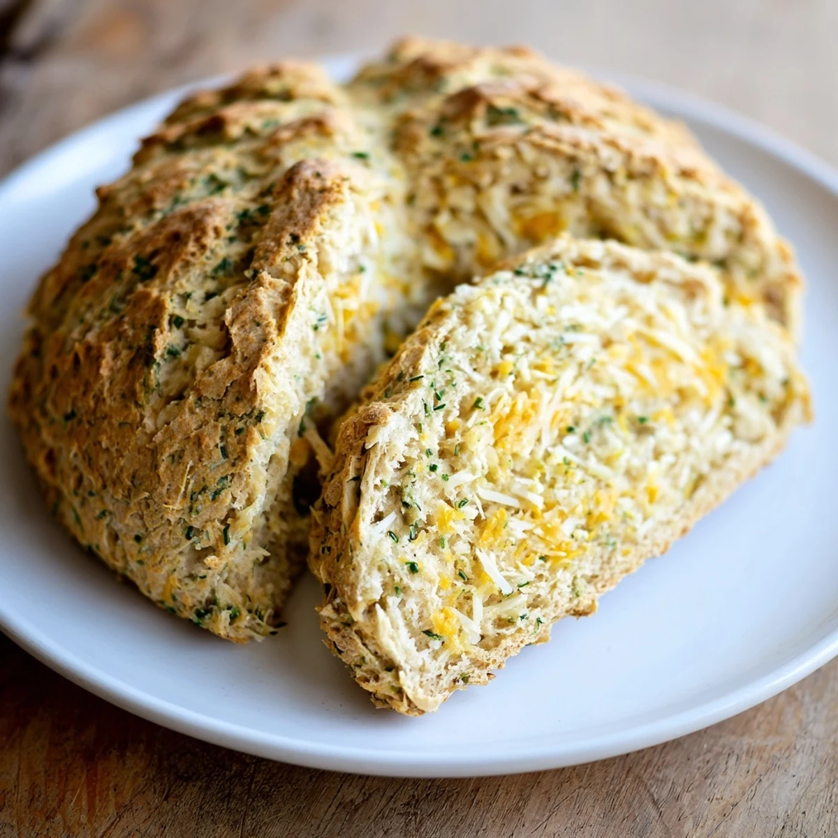 Sliced Savory Herbed Cheddar Irish Soda Bread reveals melty cheddar and herbs on a wooden board.
