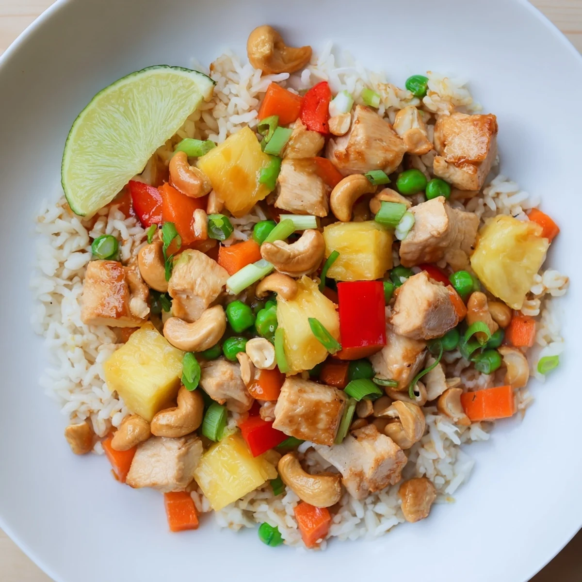 Golden Pineapple Chicken Fried Rice with Cashews is served hot in a white bowl, garnished with sliced green onions. 