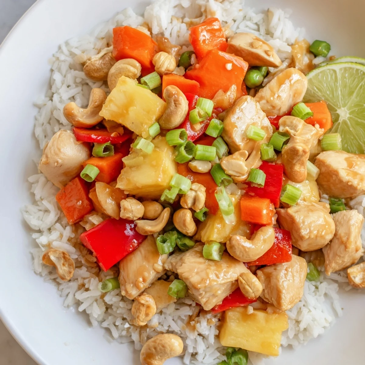 This vibrant Pineapple Chicken Fried Rice with Cashews includes diced chicken, red bell peppers, and peas for a colorful main dish. 