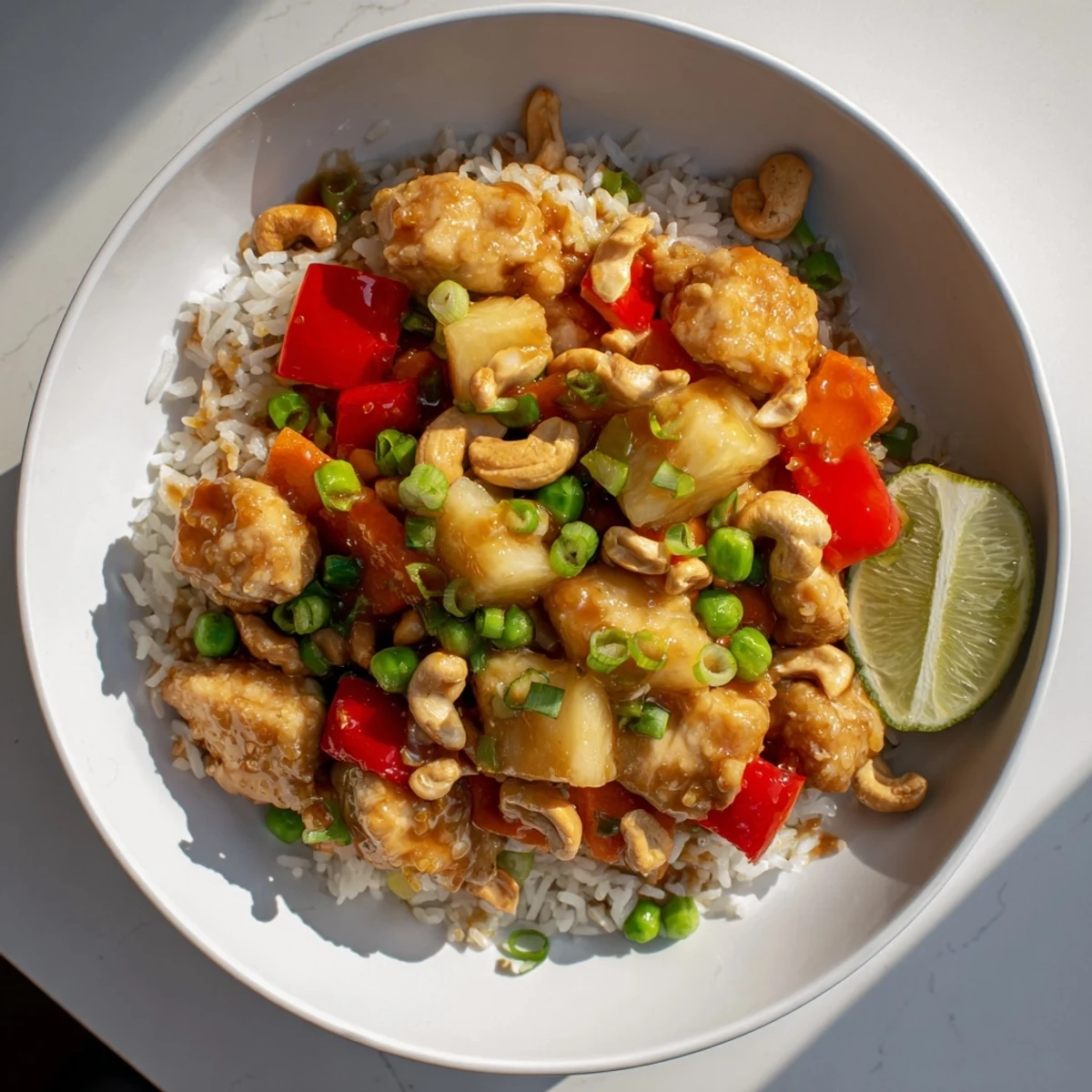 A close-up of Pineapple Chicken Fried Rice with Cashews highlights crunchy nuts and tender pineapple chunks on fluffy jasmine rice.
