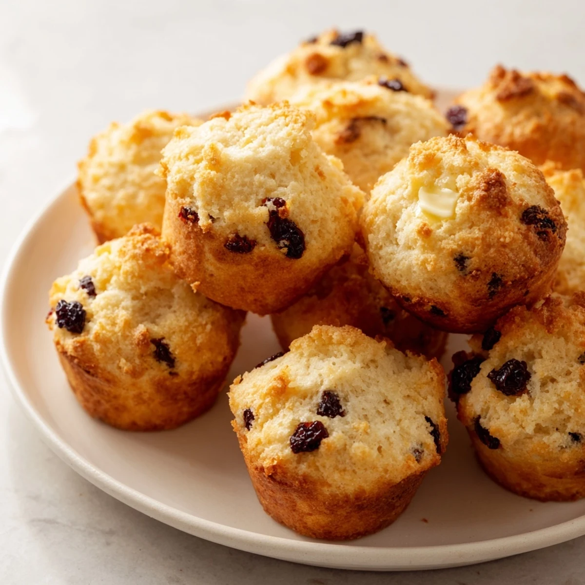 Warm, golden Mini Irish Soda Bread Muffins studded with currants rise in a mini muffin tin, ready to serve with Irish butter.