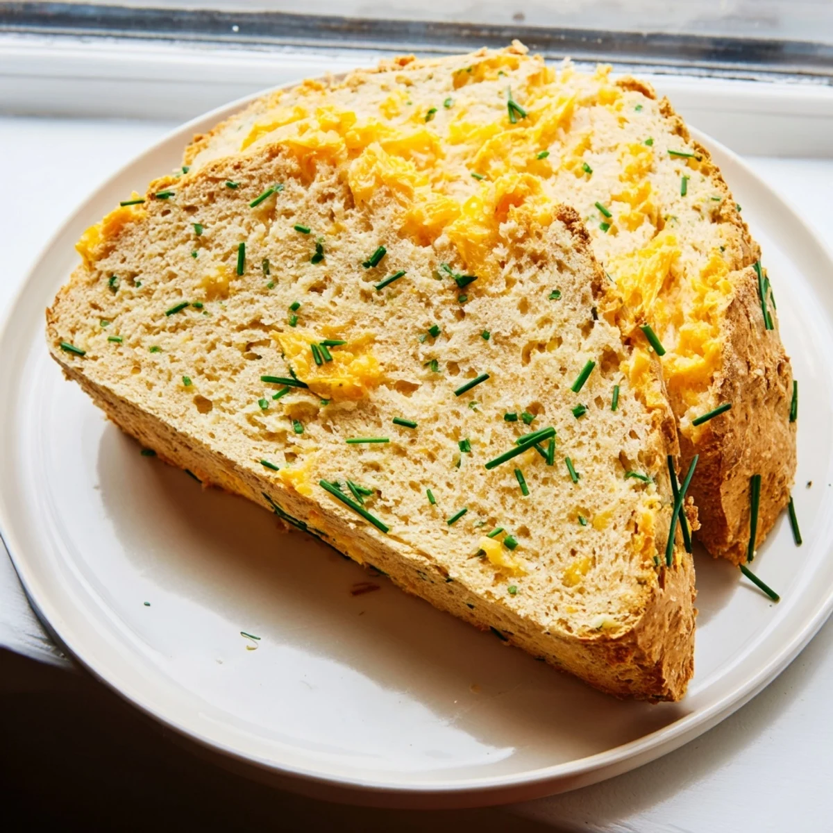 A close-up of warm Savory Cheddar & Chive Irish Soda Bread with a golden, cheesy crust, fresh green chive specks throughout, and butter melting into the tender crumb, perfect for serving with soup.