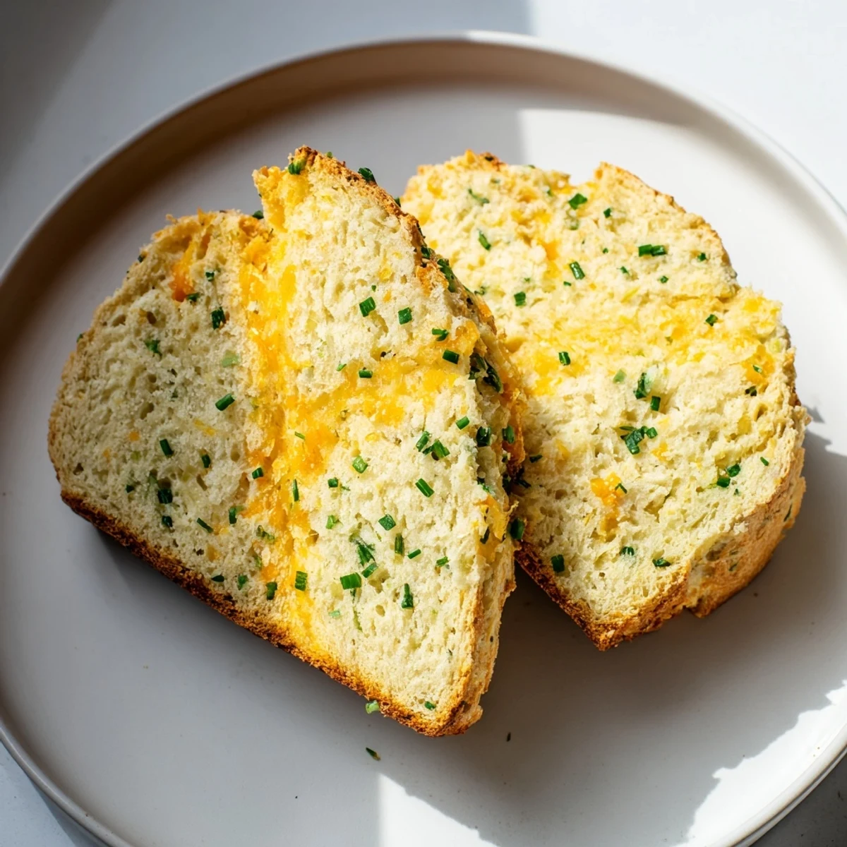 Rustic round loaf of Savory Cheddar & Chive Irish Soda Bread with a deep cross cut on top, baked golden-brown on a wooden board, ready to be served with steaming butter.