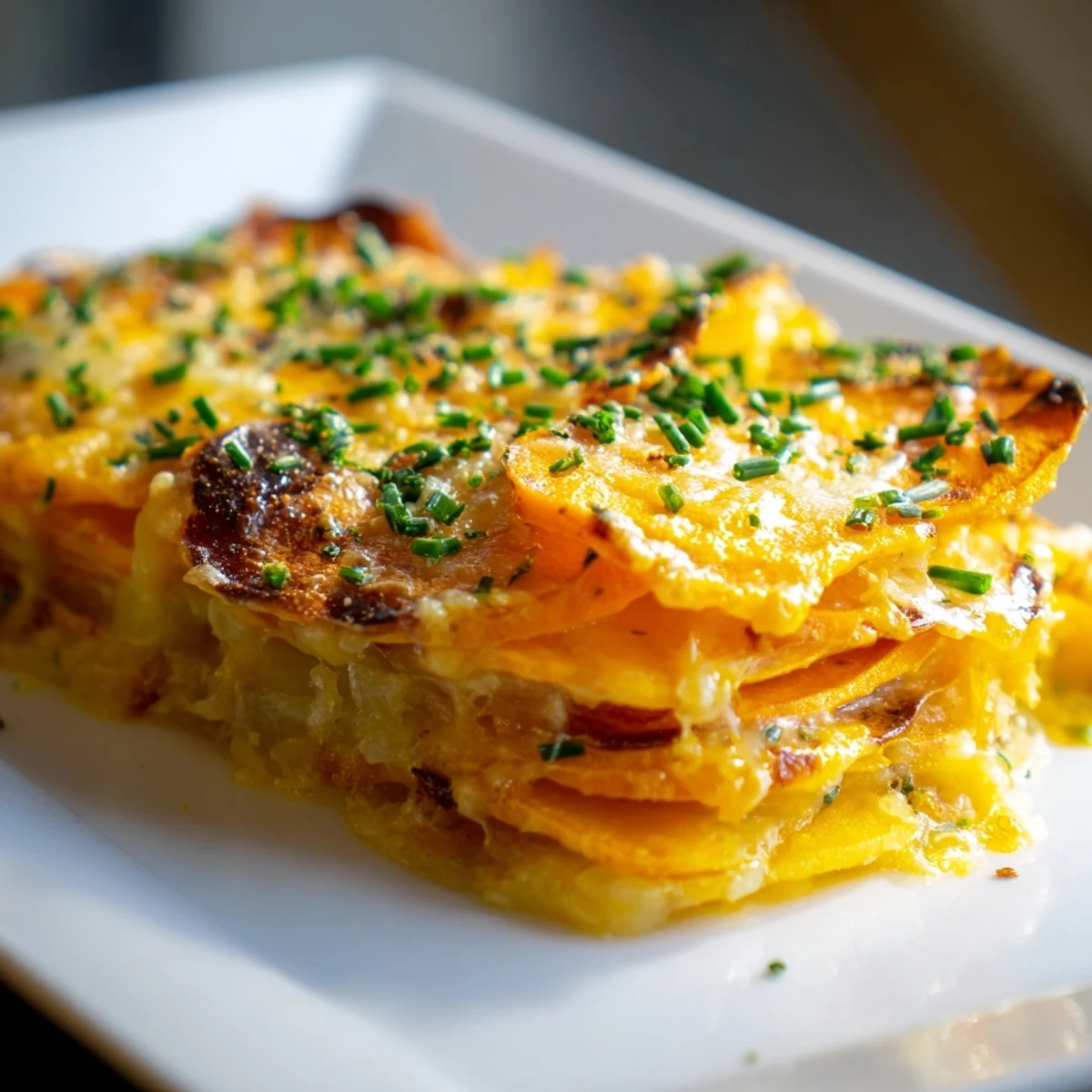 A top-down view of Cheesy Sweet Potato Gratin with Caramelized Onions Delight, featuring golden-brown, bubbly cheese crust and thin layers of sweet potatoes visible in a white ceramic dish.