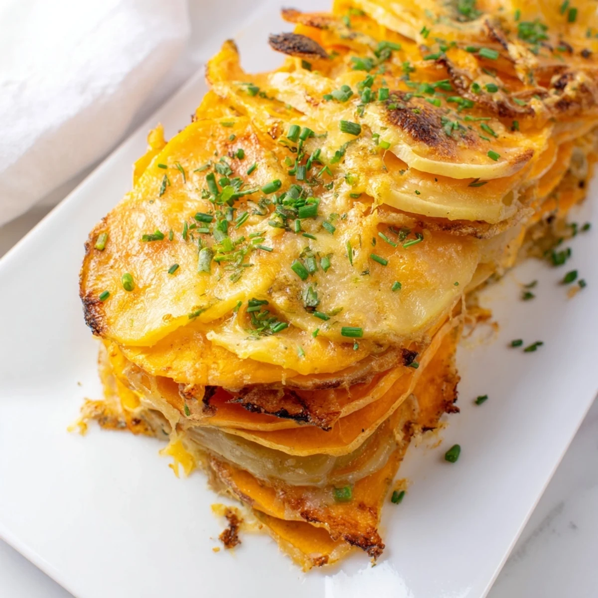 Close-up of Cheesy Sweet Potato Gratin with Caramelized Onions Delight, highlighting tender sweet potato slices coated in melted Gruyère and sharp cheddar with caramelized onion strands.