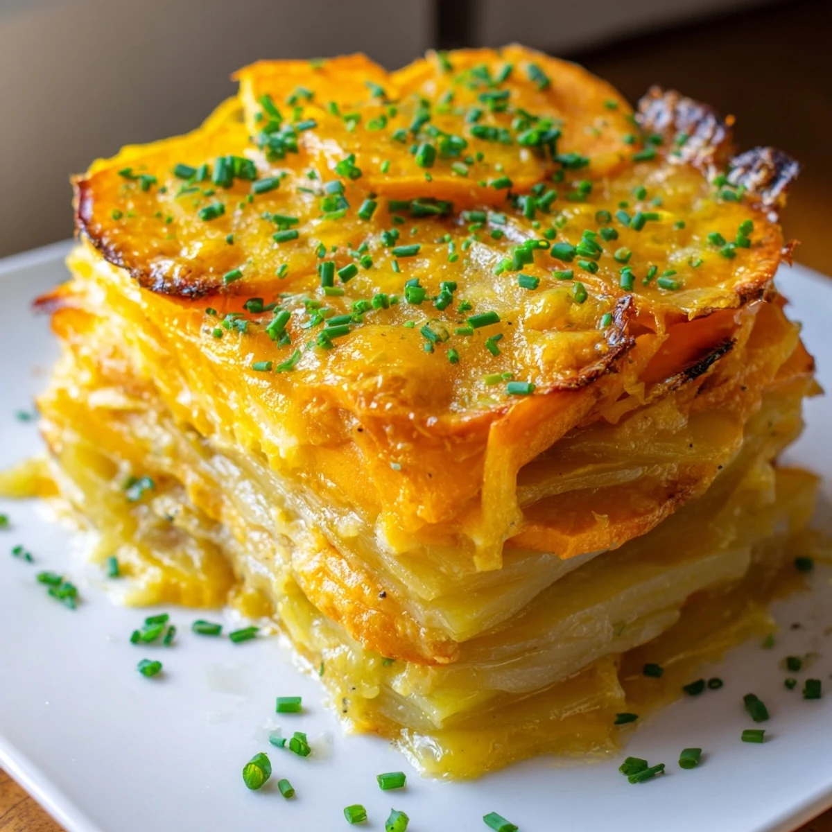 Plated serving of Cheesy Sweet Potato Gratin with Caramelized Onions Delight, garnished with fresh chives alongside a green salad for a complete vegetarian dinner.