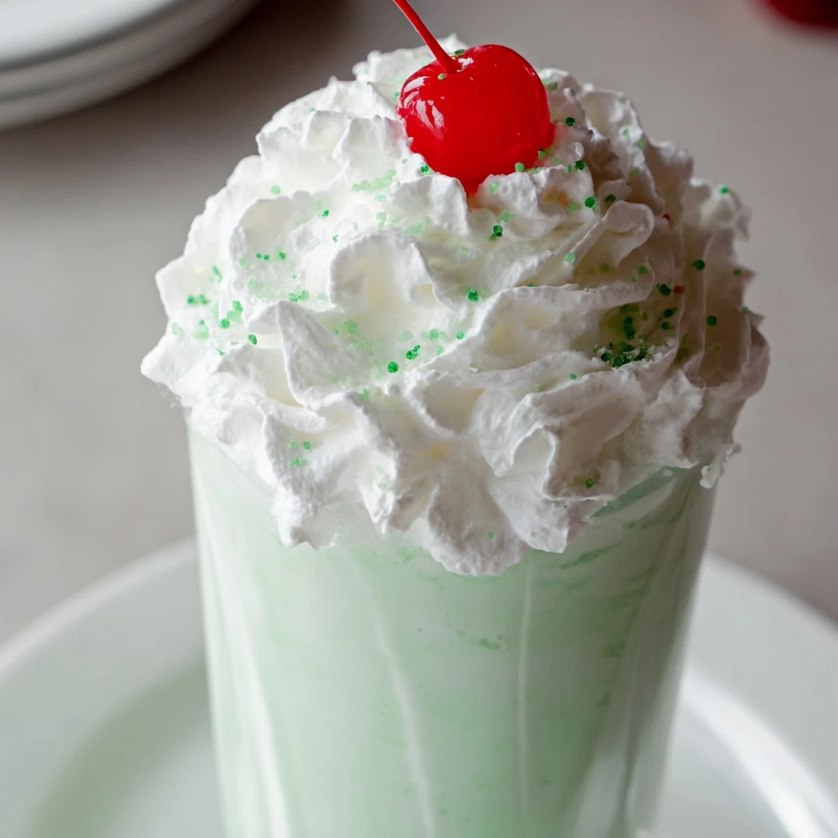 A tall glass of Homemade Copycat Shamrock Shake topped with whipped cream and a maraschino cherry.