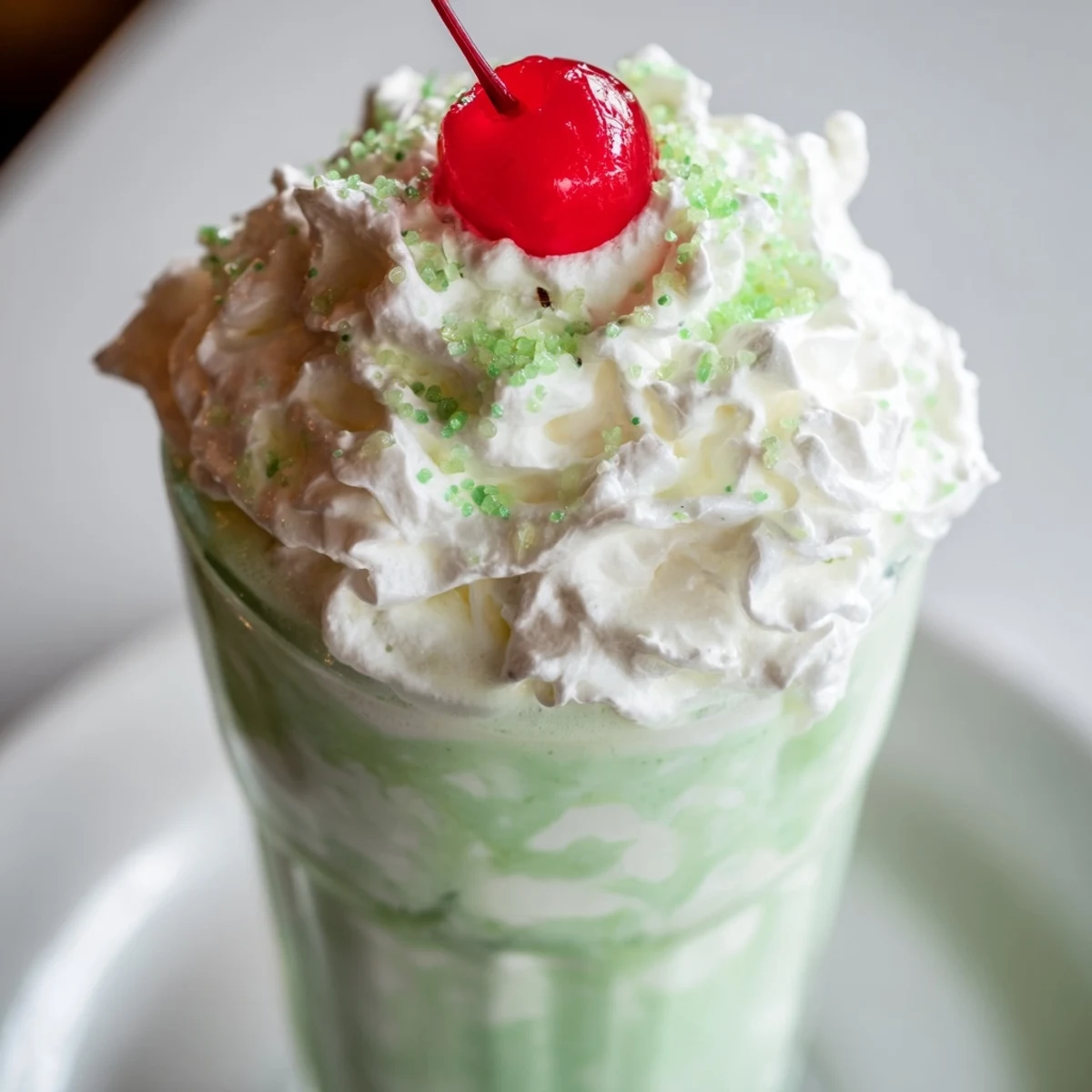 The creamy Homemade Copycat Shamrock Shake glistens with green tint, garnished with sprinkles for a festive St. Patrick's Day.