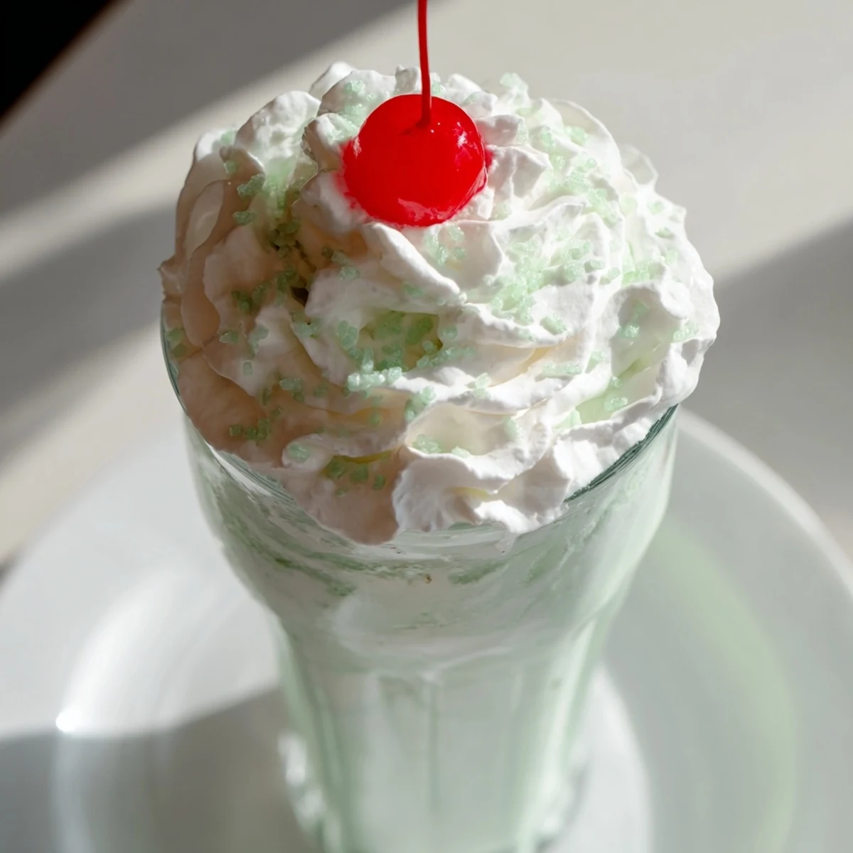 Two frosted glasses of Homemade Copycat Shamrock Shake beside fresh mint leaves, emphasizing its cool, refreshing, minty flavor.