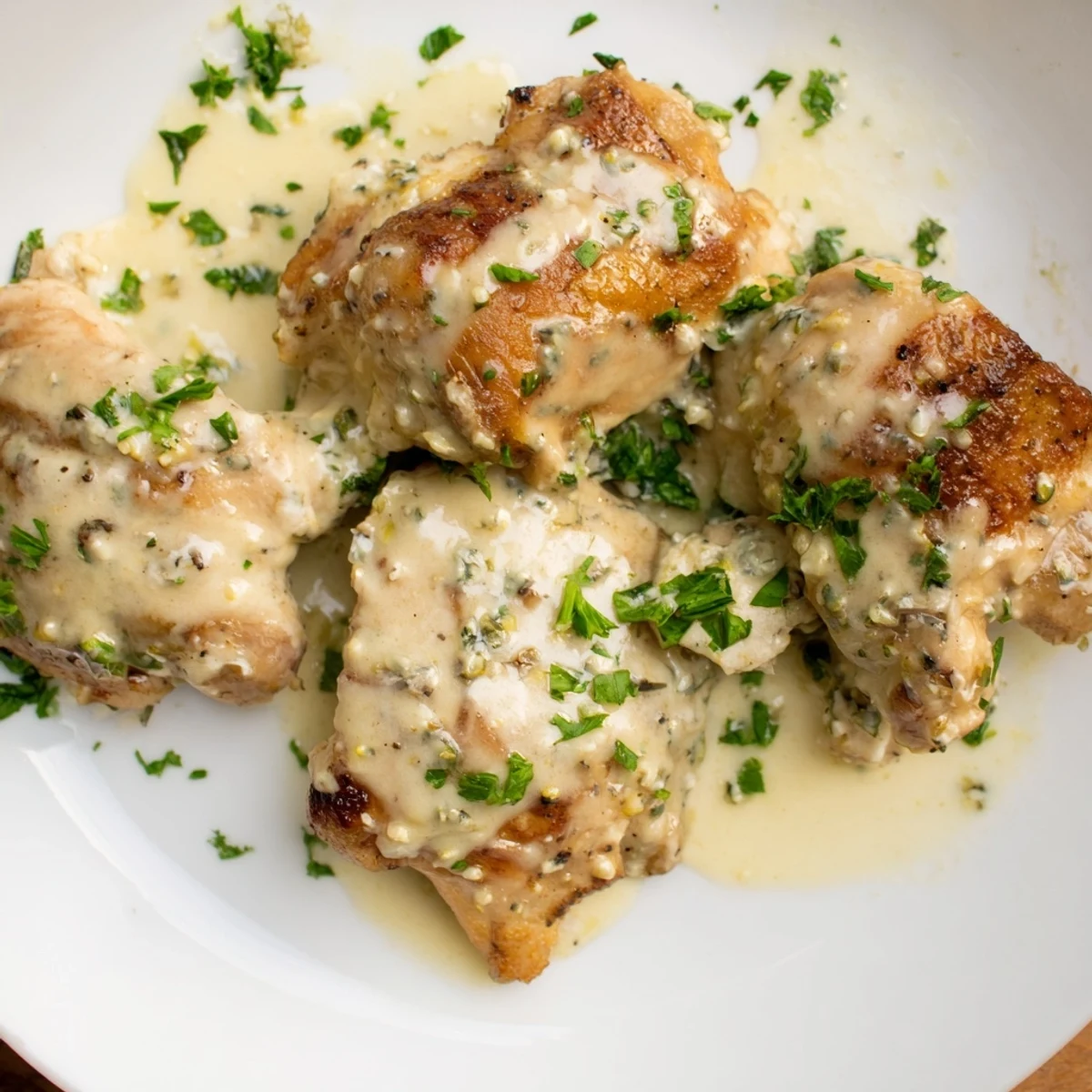 Golden-brown seared chicken breasts swimming in a creamy Boursin Chicken sauce, garnished with fresh parsley and served alongside green beans.