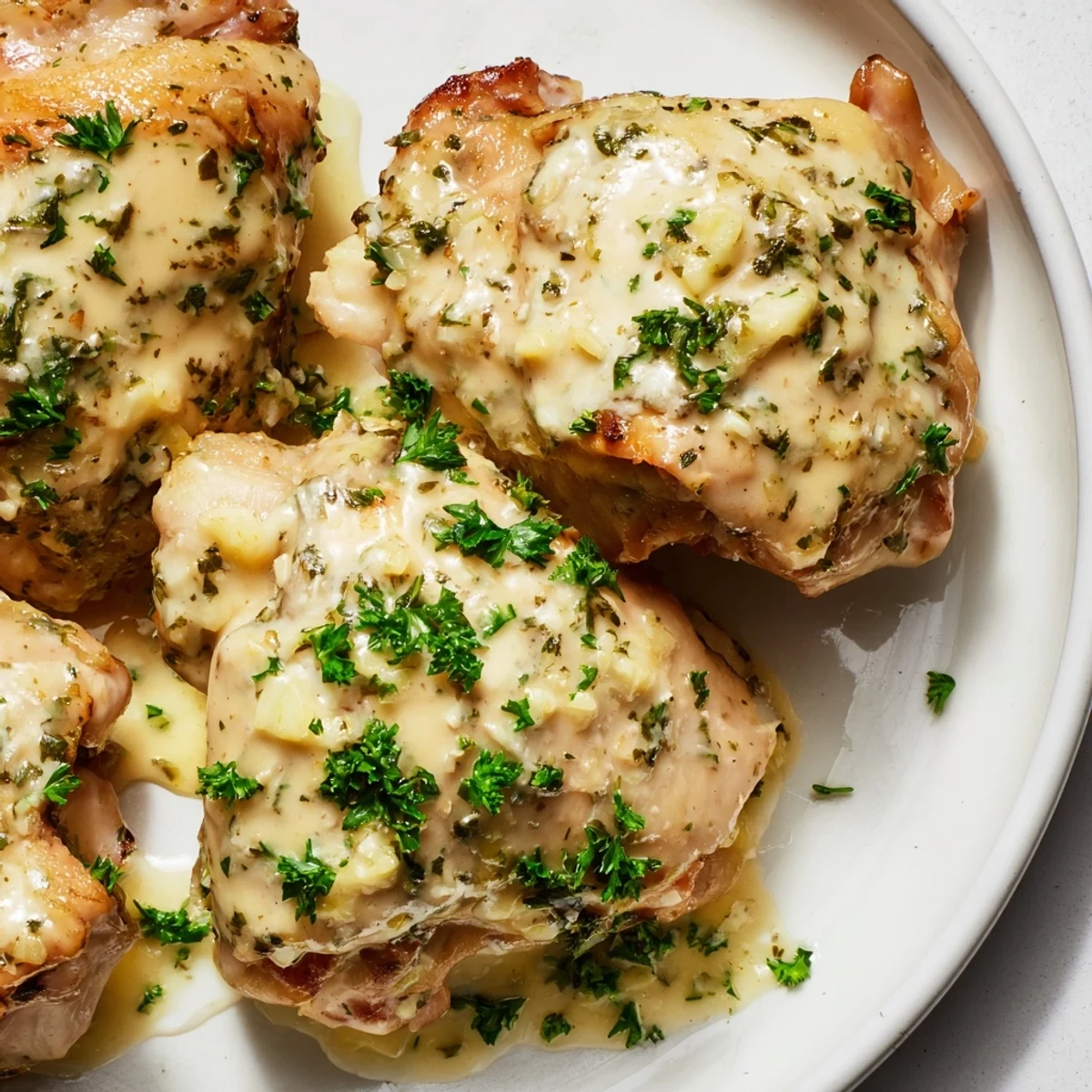 A close-up view of tender chicken pieces coated in a rich, garlicky Boursin Chicken sauce, with steam rising from the skillet.