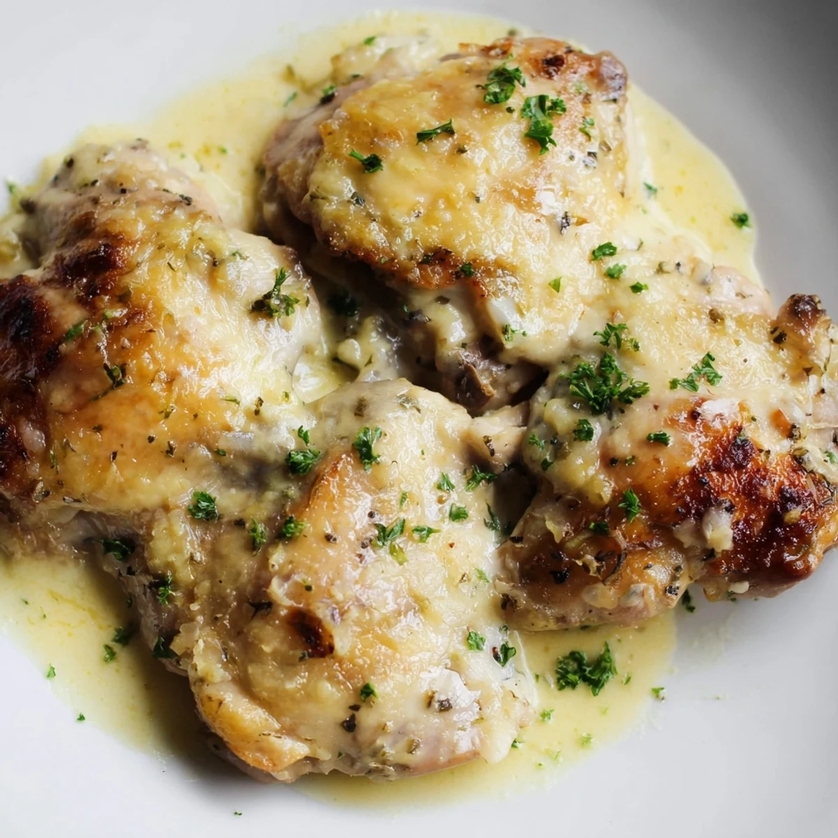 Freshly cooked Boursin Chicken plated over fluffy mashed potatoes, highlighting the velvety texture of the cheese sauce.