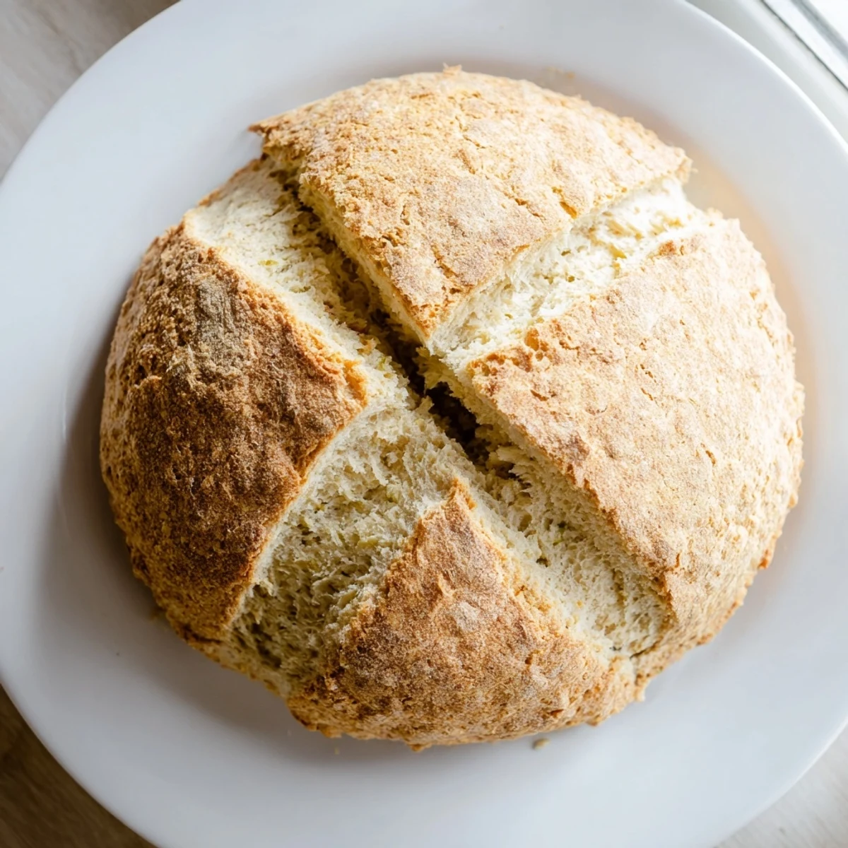 Freshly baked Authentic 4-Ingredient Irish Soda Bread with a golden crust and soft interior, sliced on a wooden board.