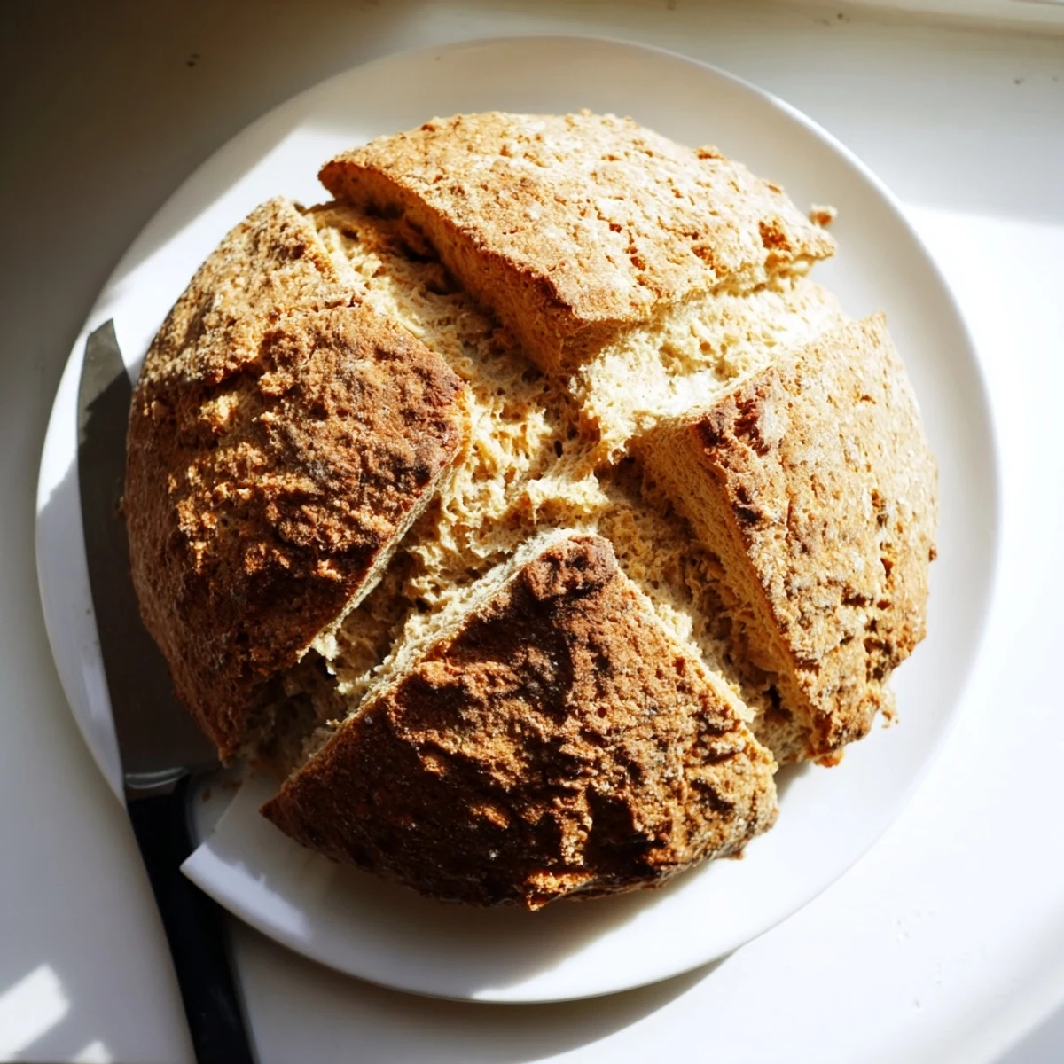 A rustic Authentic 4-Ingredient Irish Soda Bread loaf cooling on a wire rack, dusted with flour for a homemade look.
