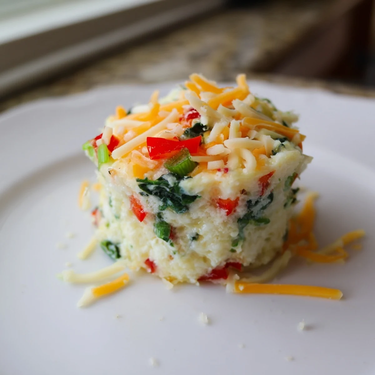 Freshly baked Cottage Cheese Egg Bites in a muffin tin, showcasing fluffy texture with chopped spinach and bell peppers.