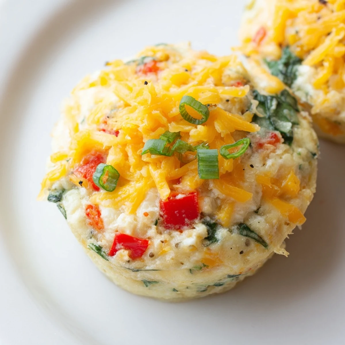 A close-up view of Cottage Cheese Egg Bites on a wooden plate, garnished with green onions and served next to fresh fruit.
