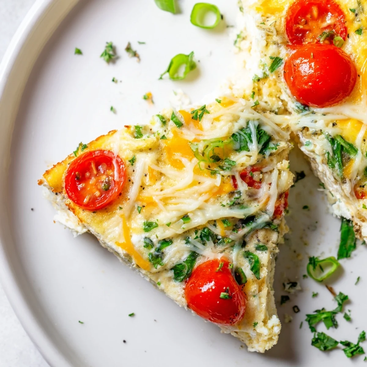 Golden-brown Simple Cottage Cheese Frittata with spinach, cherry tomatoes, and herbs, served warm from the oven for a protein-rich brunch.