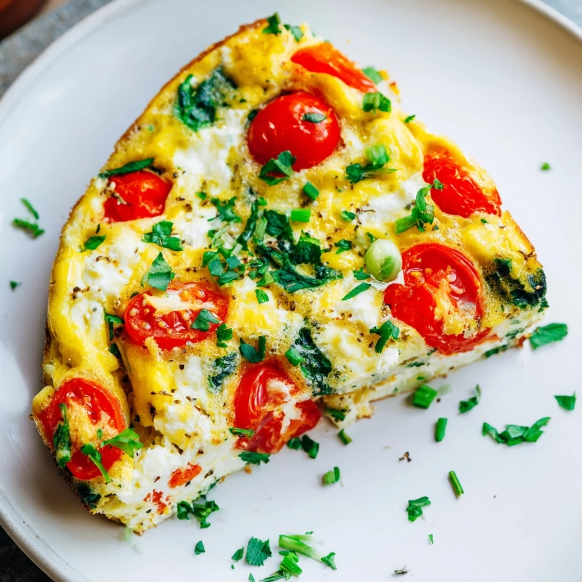 A close-up view of a freshly baked Simple Cottage Cheese Frittata, featuring creamy egg custard, melted cheddar, and vibrant green onions.