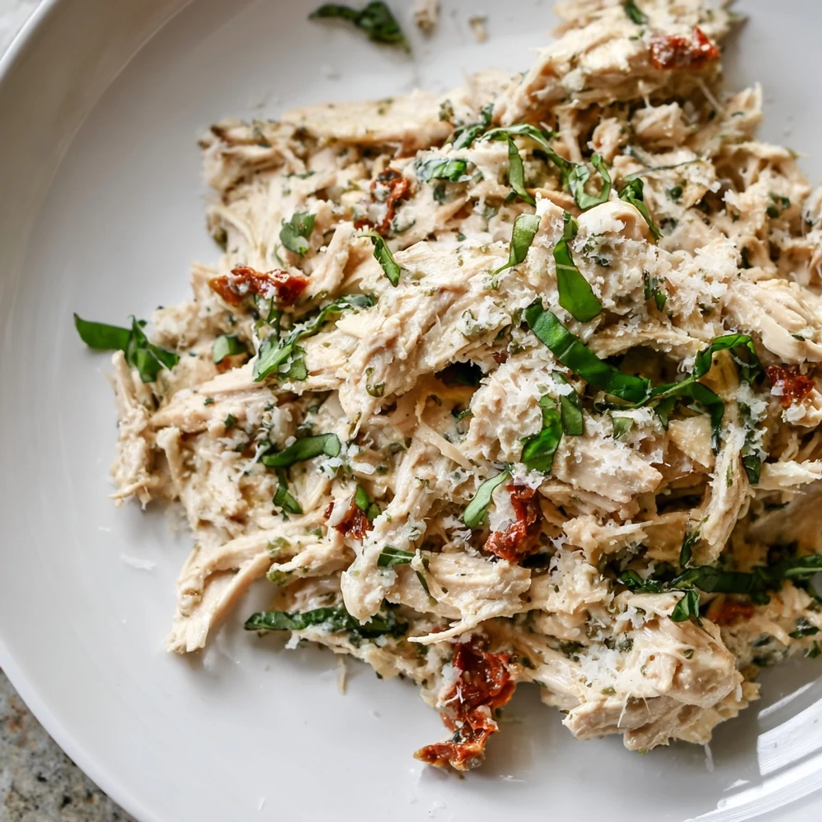 Slow-cooked Marry Me High Protein Crockpot Chicken with creamy sun-dried tomato sauce, served over pasta.