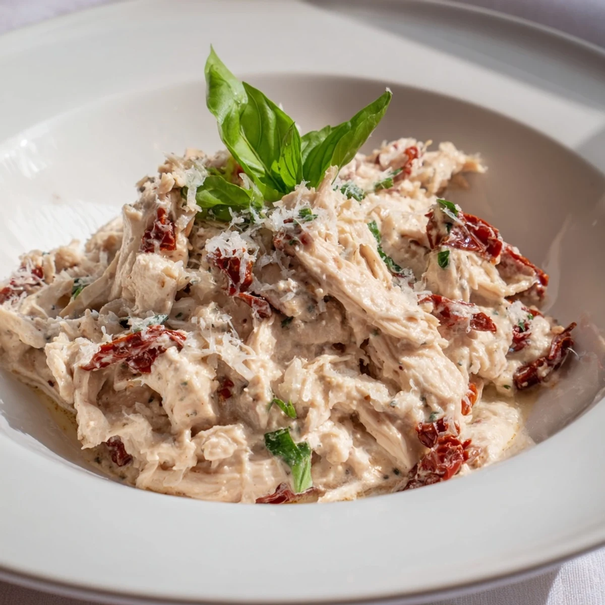 Tender Marry Me High Protein Crockpot Chicken topped with fresh basil and parmesan in a ceramic dish.