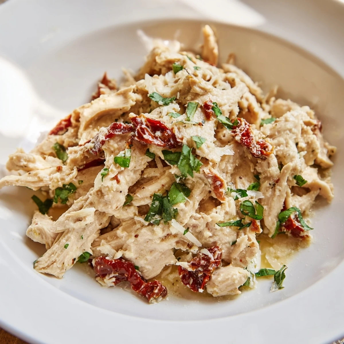 Hearty Marry Me High Protein Crockpot Chicken shred over quinoa, featuring juicy chicken in a rich sauce.