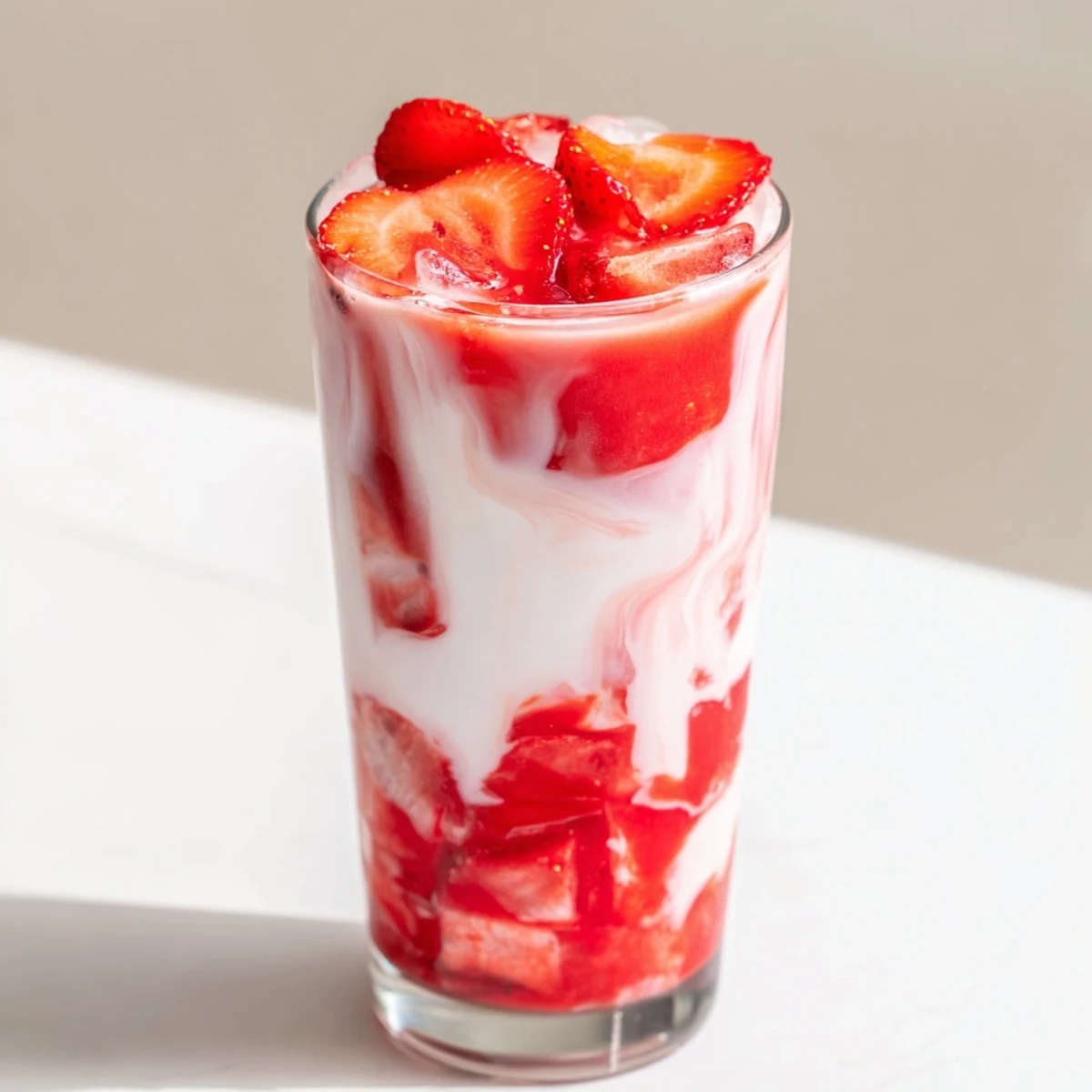 Creamy Cafe Style Korean Strawberry Milk with fresh sliced strawberries and ice cubes in a tall glass.