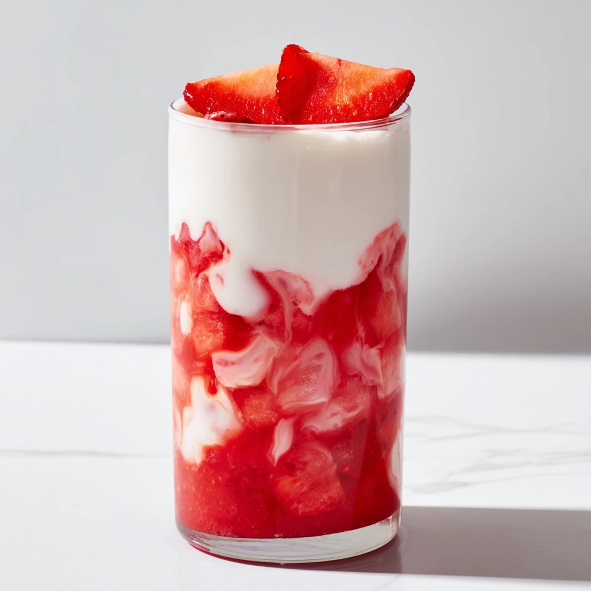 Cafe Style Korean Strawberry Milk swirled with vibrant pink strawberry sauce and cold milk in a chilled glass.