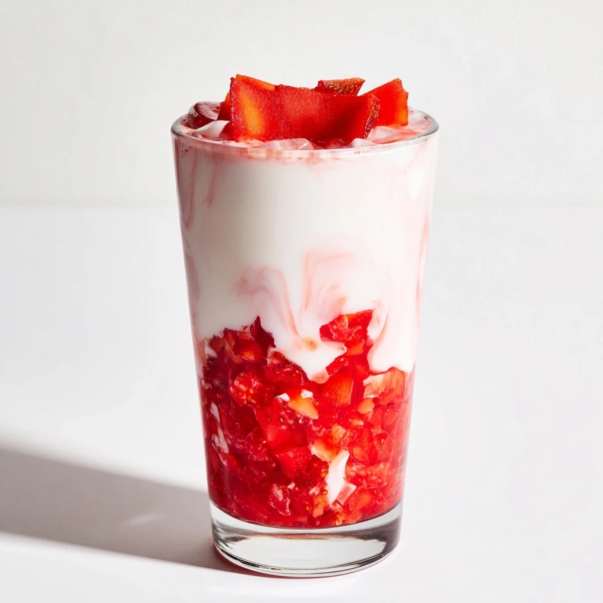 Refreshing Cafe Style Korean Strawberry Milk topped with fresh strawberry garnish, perfect for a sweet homemade treat.