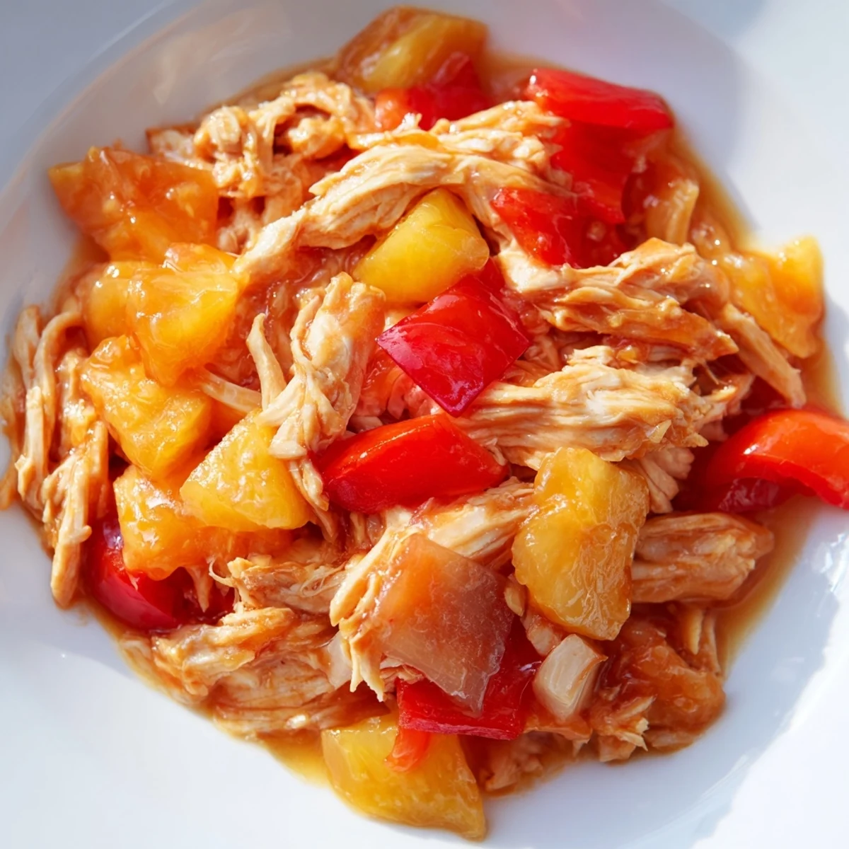 Sweet Hawaiian Crockpot Chicken served over steamed rice with vibrant red bell peppers and pineapple chunks, glistening with a thickened glaze. 