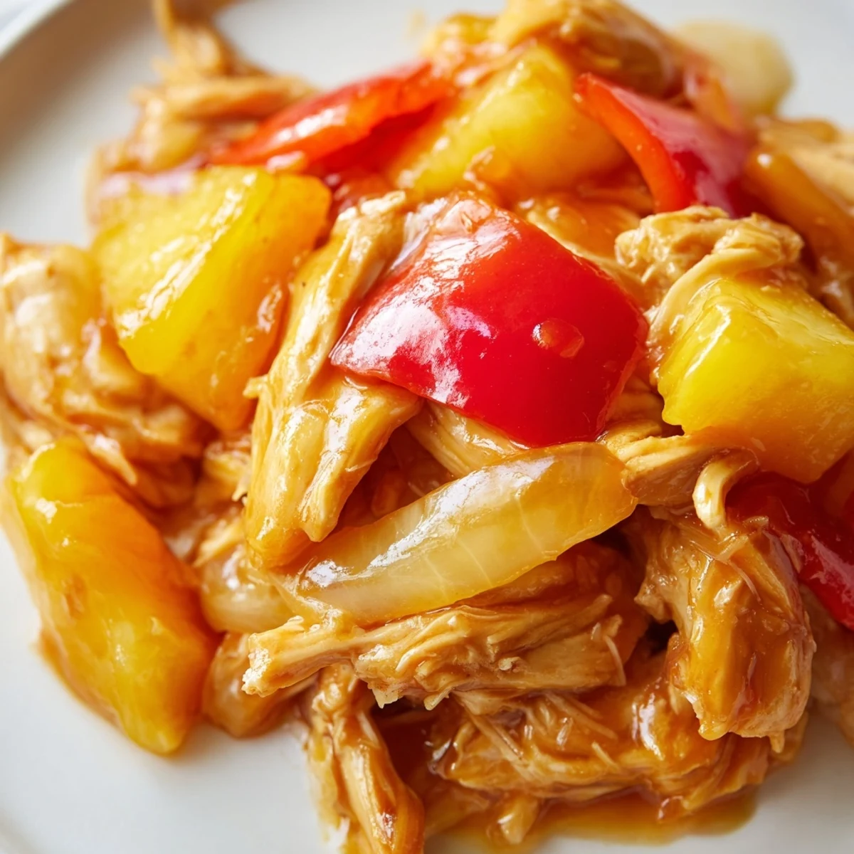An overhead view shows tender slow-cooked Sweet Hawaiian Crockpot Chicken pieces on a platter, garnished with green onions and sesame seeds. 