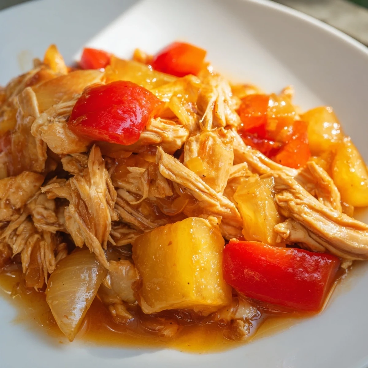 Close-up shot of Sweet Hawaiian Crockpot Chicken in a crockpot, featuring juicy chicken thighs and colorful vegetables in a tangy pineapple sauce.
