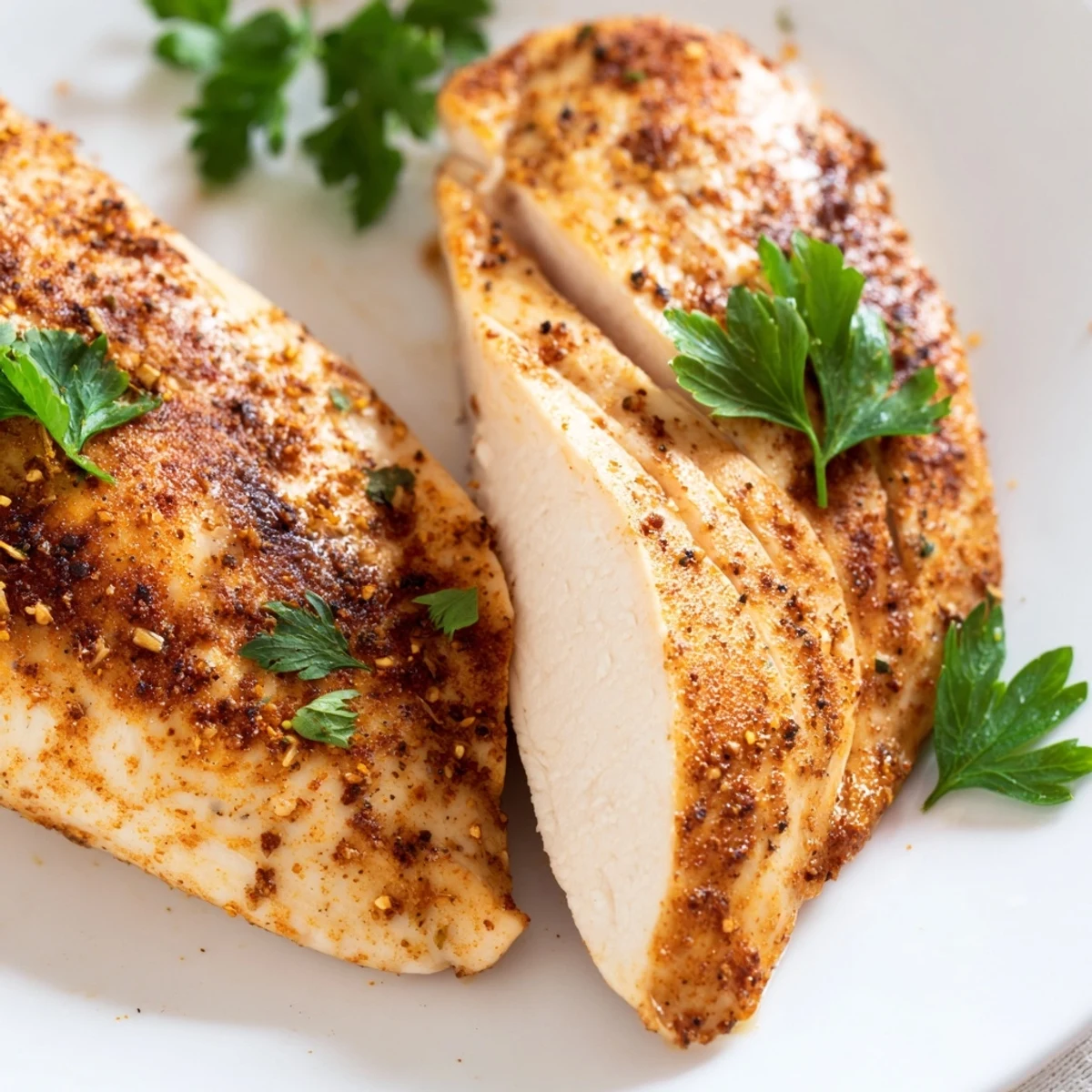 Golden brown Oven Baked Chicken Breasts fresh from the oven, resting on a plate with lemon wedges.