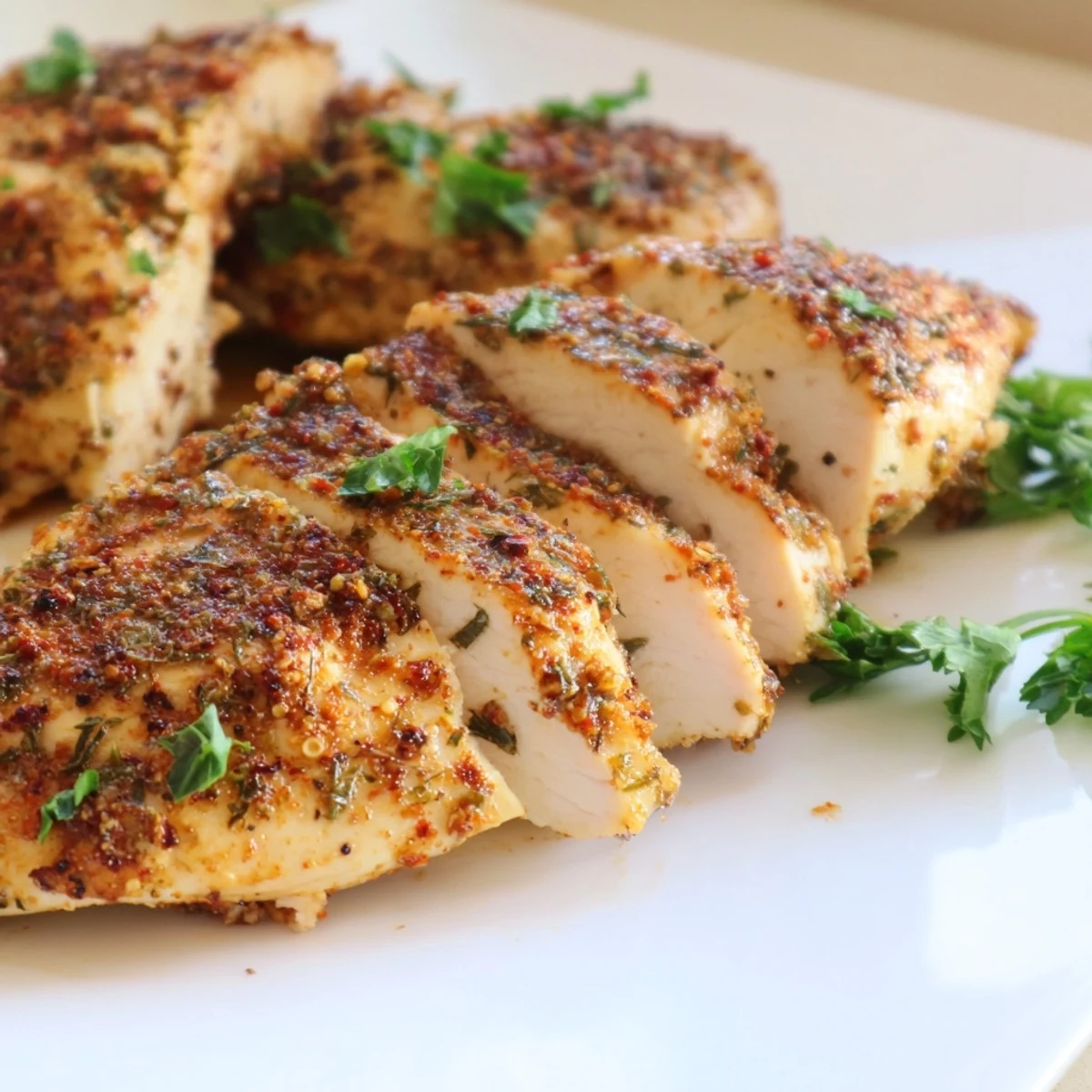 Four seasoned Oven Baked Chicken Breasts arranged in a baking dish, garnished with fresh parsley and garlic.