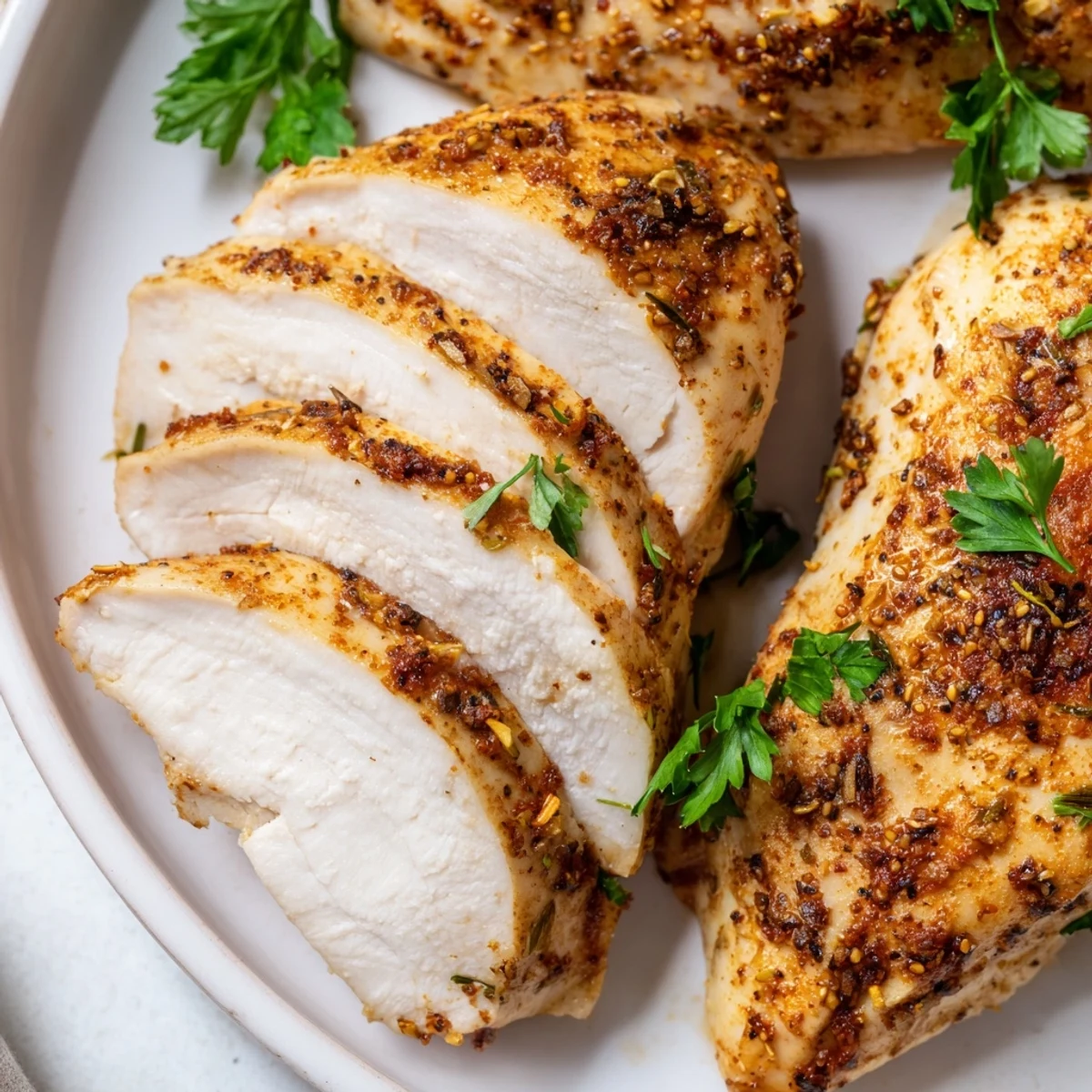 Juicy Oven Baked Chicken Breasts sliced to reveal tender meat, served alongside a vibrant garden salad.