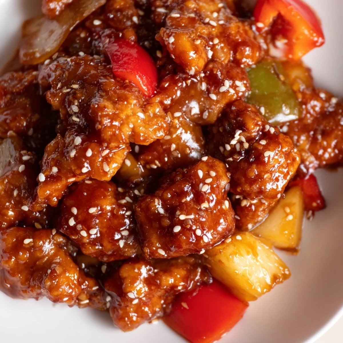 Tender Slow Cooker Hawaiian Pineapple Chicken simmering in a glossy, sweet-tangy sauce with vibrant bell peppers.